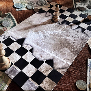 chessboard with pieces and money